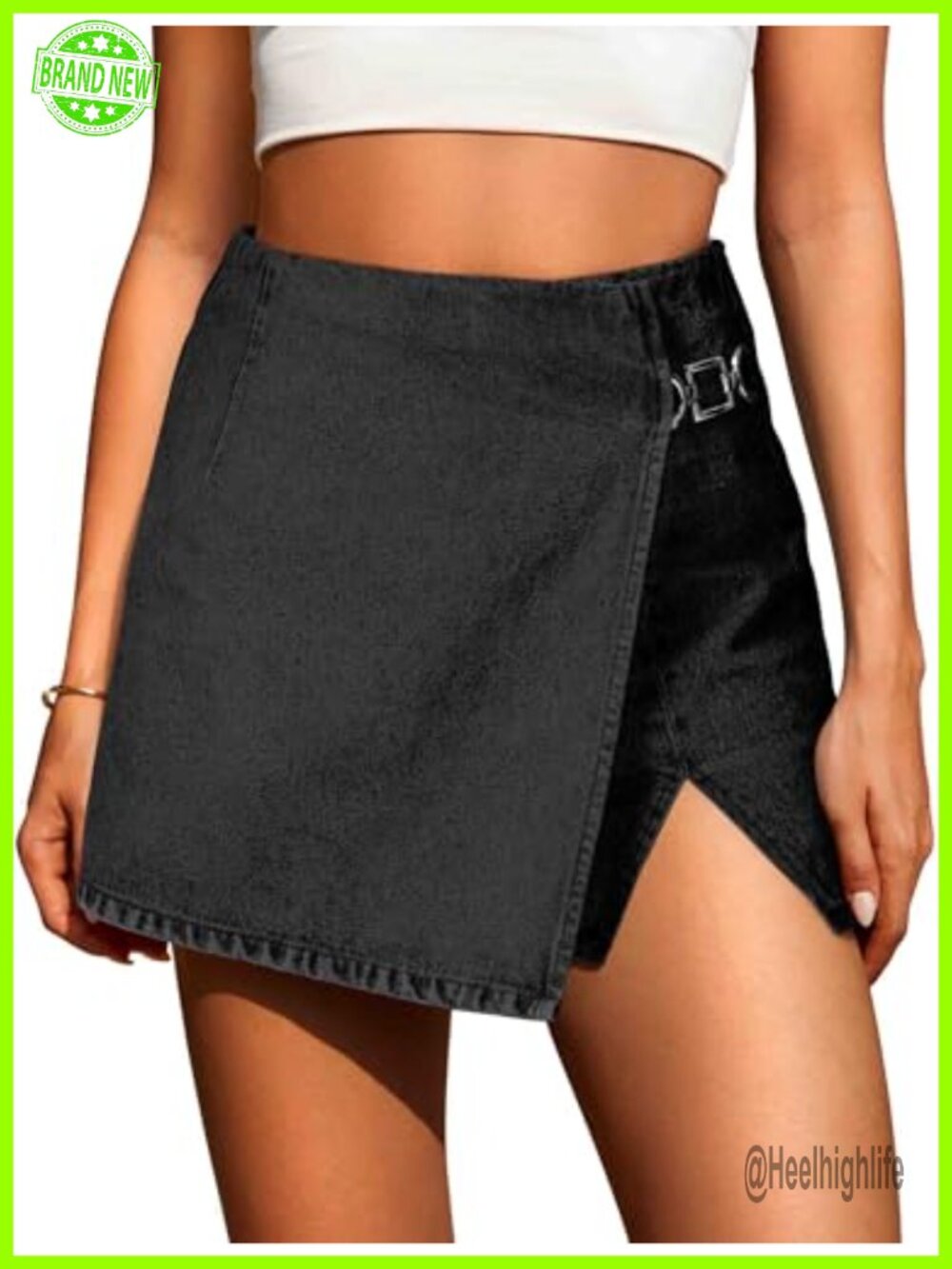 High Waisted Denim Skort with Built-in Shorts Side Slit Metal Chain